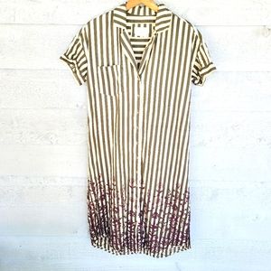 Anthropologie Josie Embroidered Maxi Shirt Dress - Cream/Olive Stripe - Size XS